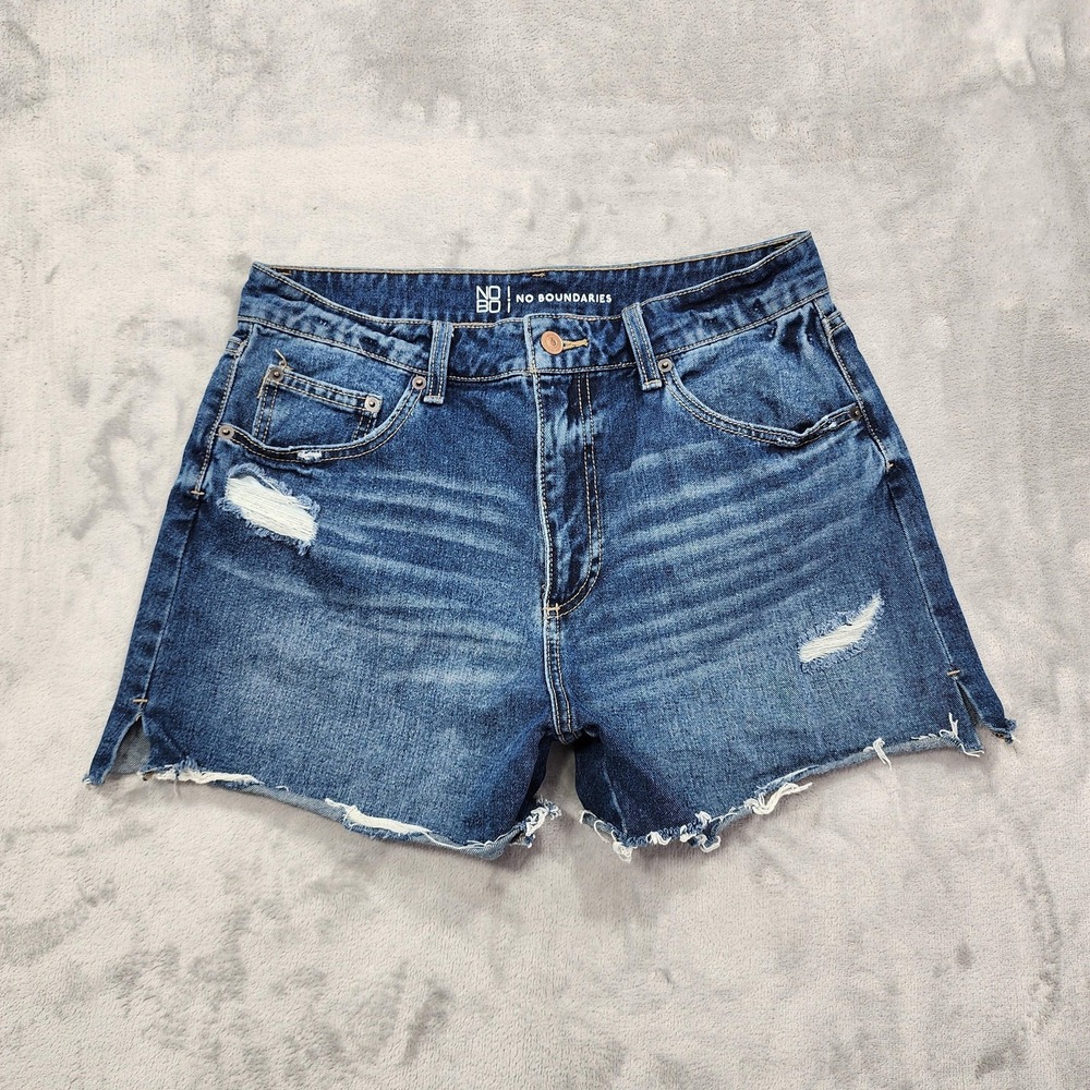 No Boundaries Shorts Womens 11 Juniors Blue Cutoff Denim Distressed Frayed Hem